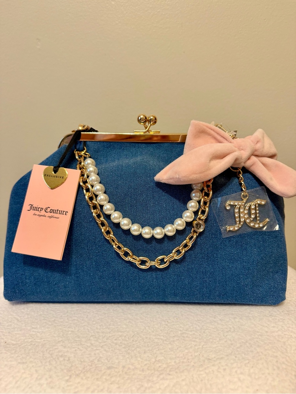 Juicy Couture Blue Denim Kiss Lock with Pink Bow & Pearl Chain